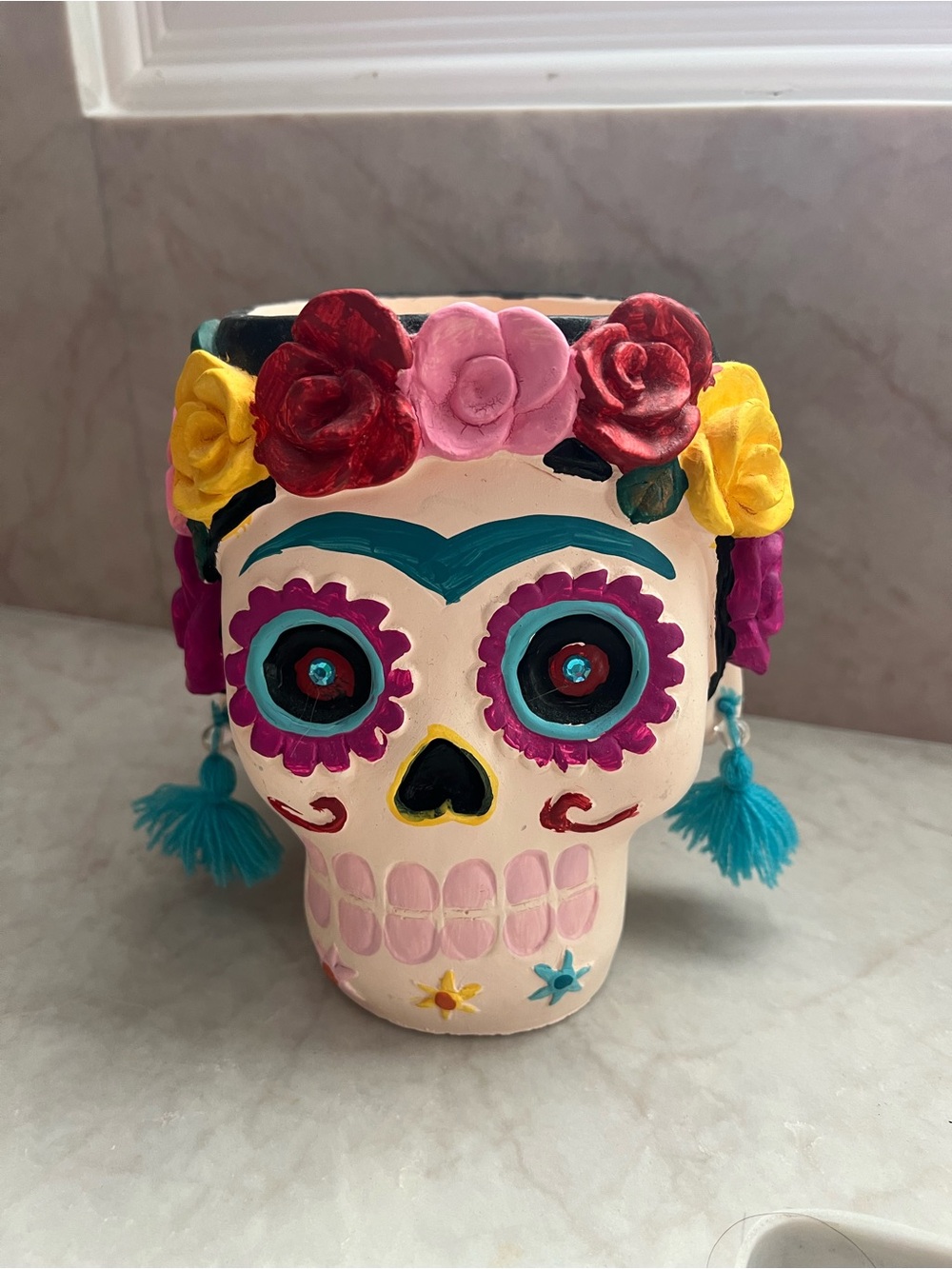 Hand-Painted Pink Sugar Skull Decorative Vase with Floral Crown